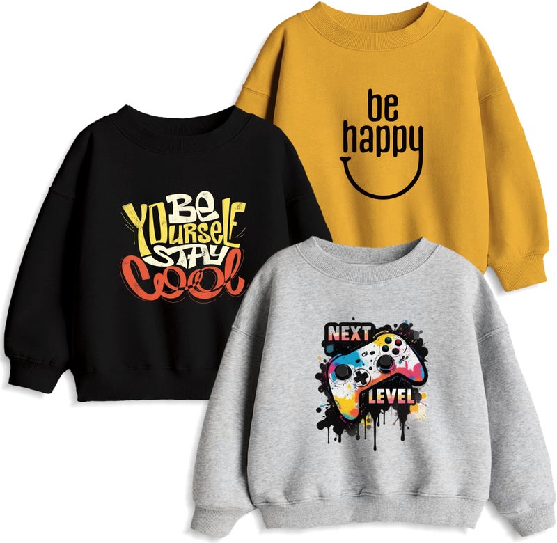 minicult Cotton Blend Regular Crew Neck Full Sleeves Sweatshirt For Kids With Fun Prints(Gamer)(Pack Of 3)(9-10 Years), Multicolor - Image 1