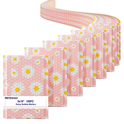 Metronic Bubble Mailers 6x10 Inch 100 Pack Pink Bubble Mailer Usable Size 6x9 SelfSeal Adhesion Padded Envelopes Pretty Padded Mailers for Jewelry Makeup Cards Fancy Daisies - Image 1