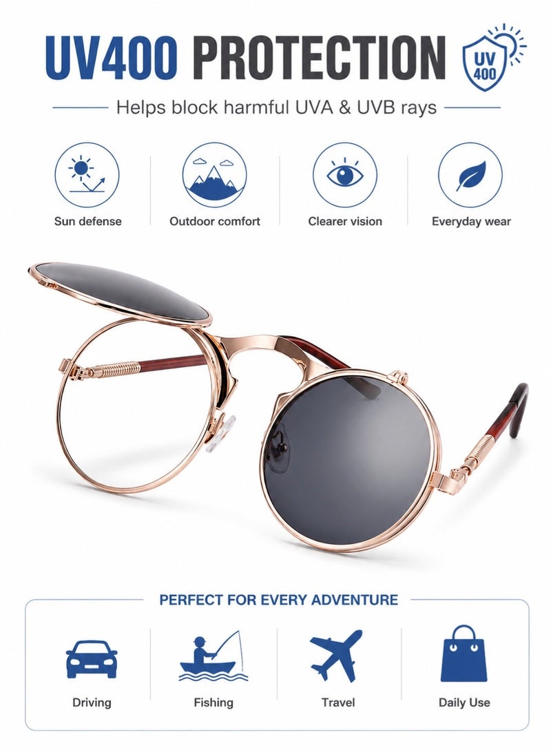 PEI  AN Polarized Vintage Round Flip Up Sunglasses for Women Men, UV400 Protection Sport Sunglasses with TR90 Frame, Spring Hinges for Driving Fishing - Image 1