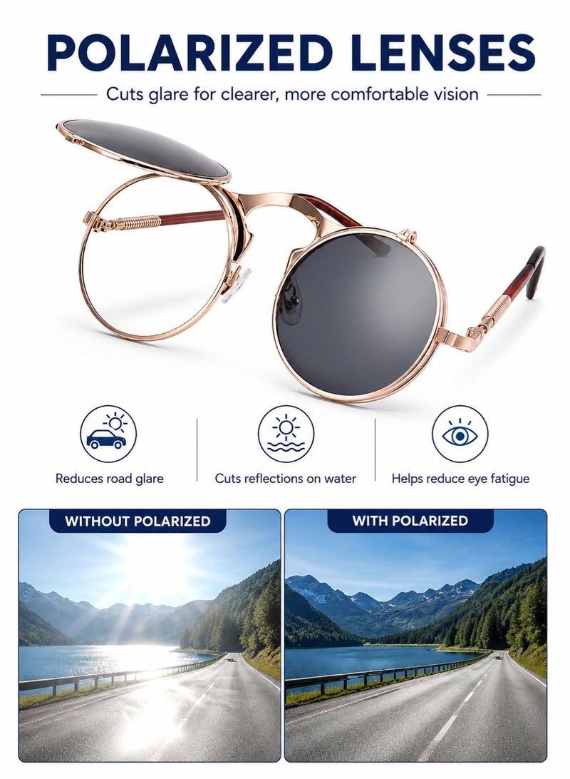 PEI  AN Polarized Vintage Round Flip Up Sunglasses for Women Men, UV400 Protection Sport Sunglasses with TR90 Frame, Spring Hinges for Driving Fishing - Image 3