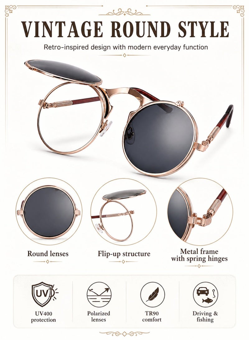 PEI  AN Polarized Vintage Round Flip Up Sunglasses for Women Men, UV400 Protection Sport Sunglasses with TR90 Frame, Spring Hinges for Driving Fishing - Image 2