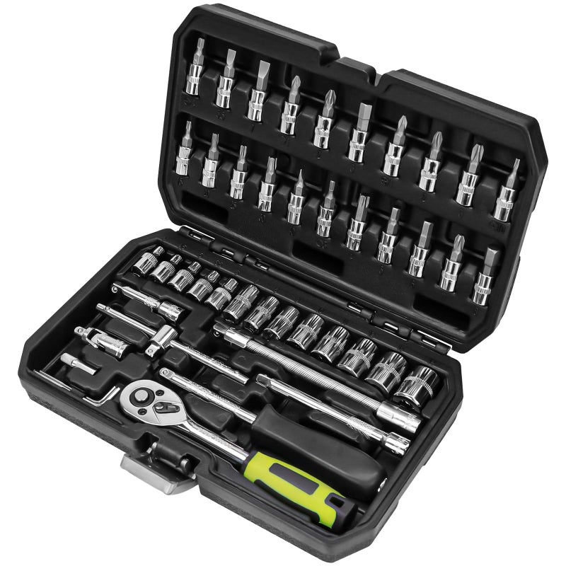 OTLOOMTBT 46 Pieces 14 Inch Drive Industrial Grade Socket Ratchet Wrench Set with Bit Socket Set Metric and Extension Bar for Auto Repairing and Household With Thickened Storage Case