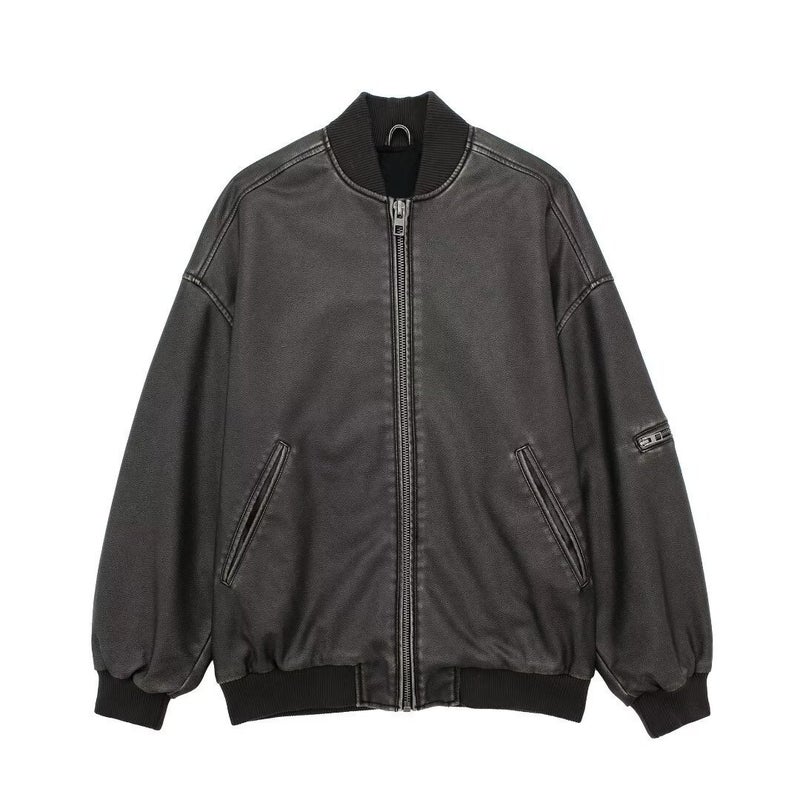 2024 European and American Autumn New American Style Old-fashioned Effect Imitation Leather Loose Vertical Collar Aviator Jacket Coat Women As shown in the picture 