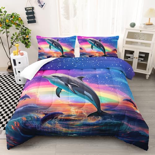 AILONEN Jumping Dolphin Comforter Set Full Size, Cartoon Dolphin Bed in a Bag for Kids Girls,Saltwater Bedding Set,Rainbow Starry Night Duvet Set,3 PCS,1 Quilt and 2 Pillowcases - Image 1