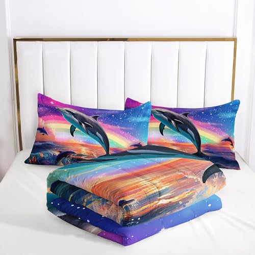 AILONEN Jumping Dolphin Comforter Set Full Size, Cartoon Dolphin Bed in a Bag for Kids Girls,Saltwater Bedding Set,Rainbow Starry Night Duvet Set,3 PCS,1 Quilt and 2 Pillowcases - Image 5