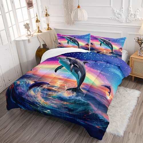 AILONEN Jumping Dolphin Comforter Set Full Size, Cartoon Dolphin Bed in a Bag for Kids Girls,Saltwater Bedding Set,Rainbow Starry Night Duvet Set,3 PCS,1 Quilt and 2 Pillowcases - Image 2