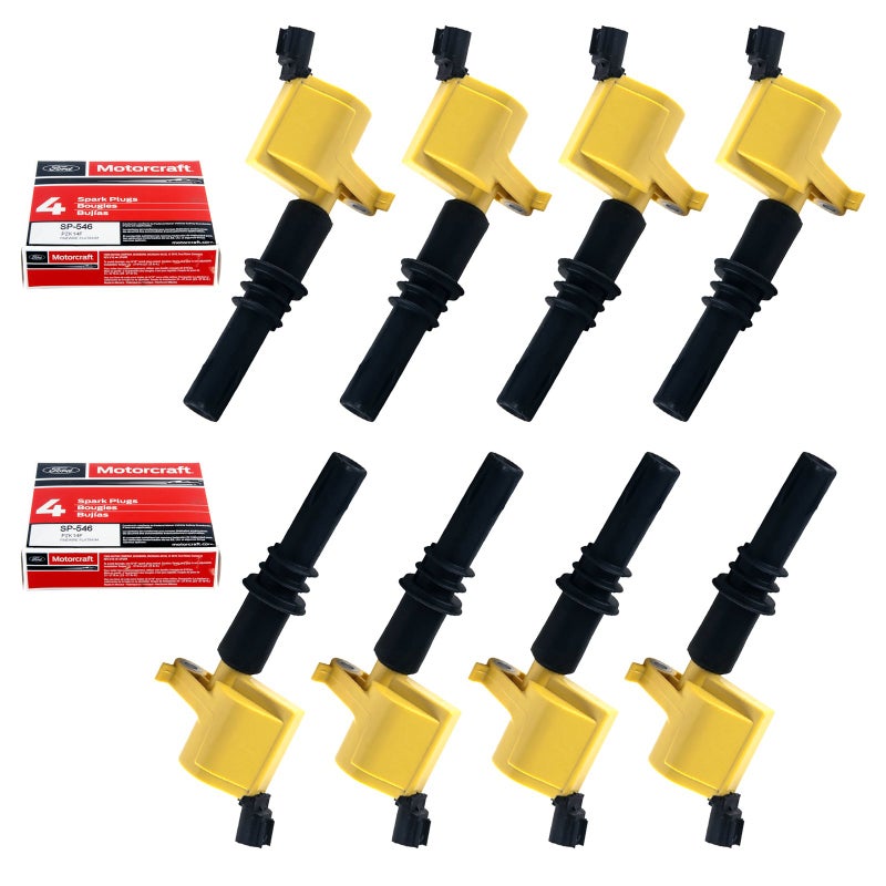 MAS Set of 8 Yellow Straight Boot Ignition Coils Pack DG511 Motorcraft Platinum Spark Plugs SP515 SP546 Compatible with Ford F150 F250 Lincoln Navigator Replacement for 3L3E12A366CA C1541 FD508
