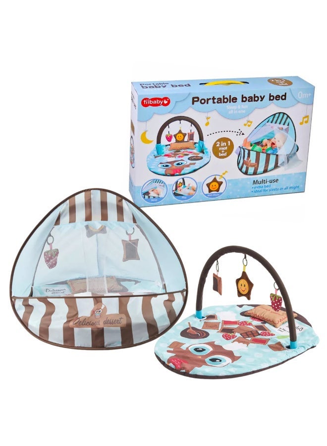 Tiibaby 2 in 1 Portable Baby Cot and Playmat with Mosquito Net and Hanging Toys - Foldable Baby Cot and Playmat - Lightweight and Easy to Carry - Cute and Safe Design for Babies from Birth - Multi-Color (Blue) - Image 1