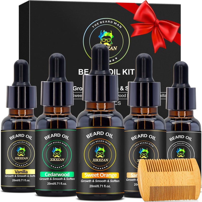 XIKEZAN 5 Pack Beard Oil Set wSandalwood Orange Vanilla Cedarwood Unscented for Beard Care Moisturizing SoftenBirthday Gifts for Men Him Dad Husband Christmas Gifts Stocking Stuffers - Image 2