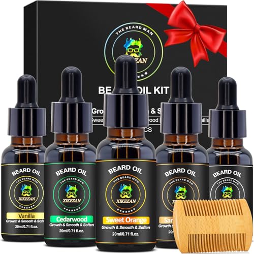 XIKEZAN 5 Pack Beard Oil Set wSandalwood Orange Vanilla Cedarwood Unscented for Beard Care Moisturizing SoftenBirthday Gifts for Men Him Dad Husband Christmas Gifts Stocking Stuffers - Image 1