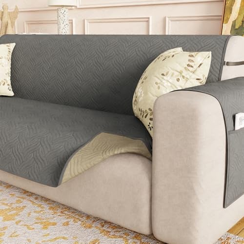 Lukzer 1 Seater Reversible Quilted Sofa Mat - Aqua Weave Pattern | Grey | | 250 GSM Polyester Sofa Runner with Arms & Deep Storage Pocket | Machine Washable Sofa Cover with Elastic Belt (SC-217-01) - Image 1