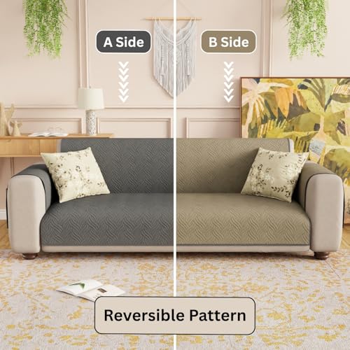 Lukzer 1 Seater Reversible Quilted Sofa Mat - Aqua Weave Pattern | Grey | | 250 GSM Polyester Sofa Runner with Arms & Deep Storage Pocket | Machine Washable Sofa Cover with Elastic Belt (SC-217-01) - Image 5