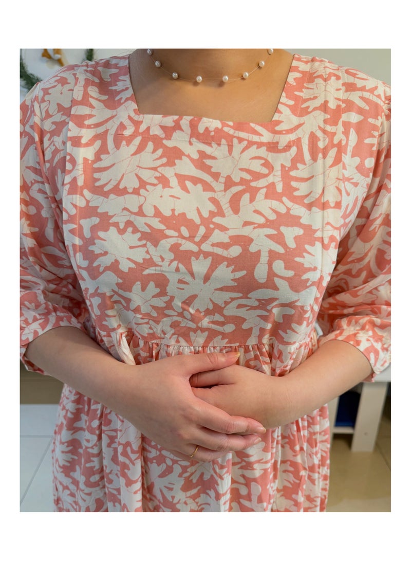 Maternity, Feeding Floral Print Midi Dress, Quarter Sleeve, Square Neck, Tiered Skirt, Coral and Cream - Image 2