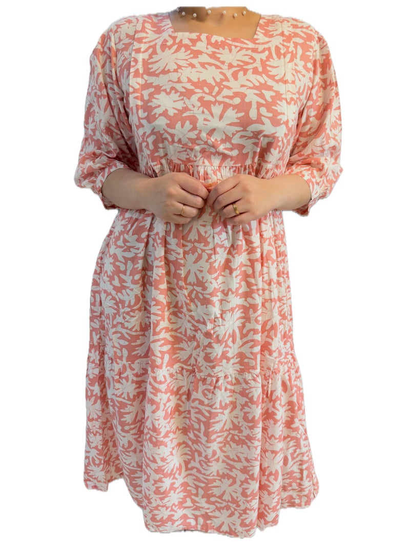 Maternity, Feeding Floral Print Midi Dress, Quarter Sleeve, Square Neck, Tiered Skirt, Coral and Cream - Image 1