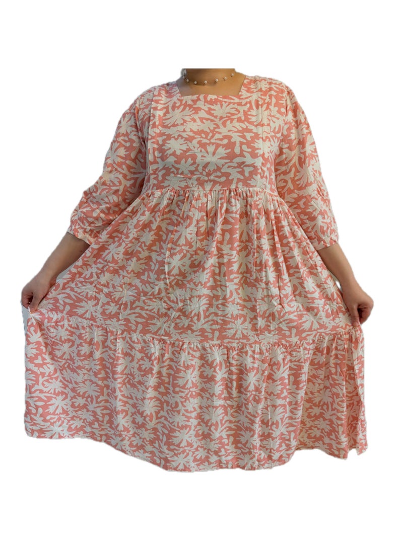Maternity, Feeding Floral Print Midi Dress, Quarter Sleeve, Square Neck, Tiered Skirt, Coral and Cream - Image 4