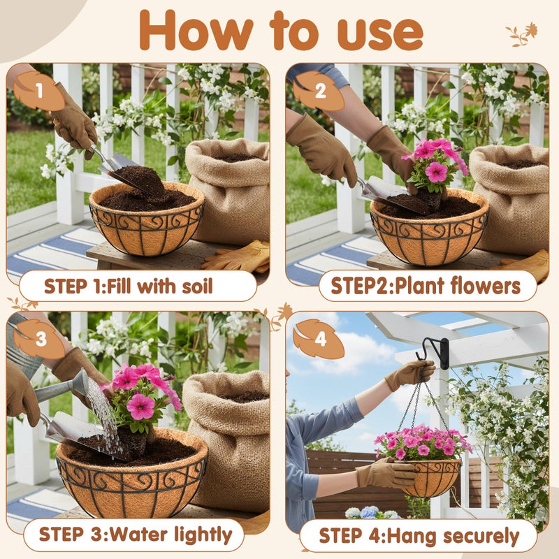 JFFLYIT 14 inch Metal Hanging Baskets For Plants Outdoor 4 Pack Round Metal Wire Hanging Basket Planter with Coco Fiber Liners Chain Round Wire Plant Holder for Garden, Patio, Deck, Porch Plants Flower Potss - Image 4