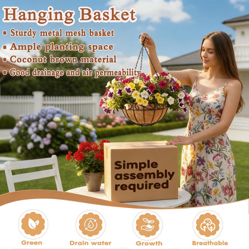 JFFLYIT 14 inch Metal Hanging Baskets For Plants Outdoor 4 Pack Round Metal Wire Hanging Basket Planter with Coco Fiber Liners Chain Round Wire Plant Holder for Garden, Patio, Deck, Porch Plants Flower Potss - Image 2