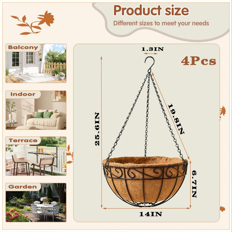 JFFLYIT 14 inch Metal Hanging Baskets For Plants Outdoor 4 Pack Round Metal Wire Hanging Basket Planter with Coco Fiber Liners Chain Round Wire Plant Holder for Garden, Patio, Deck, Porch Plants Flower Potss - Image 5