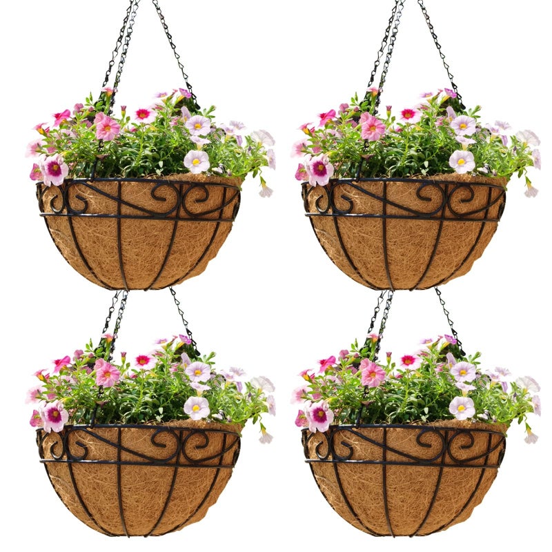 JFFLYIT 14 inch Metal Hanging Baskets For Plants Outdoor 4 Pack Round Metal Wire Hanging Basket Planter with Coco Fiber Liners Chain Round Wire Plant Holder for Garden, Patio, Deck, Porch Plants Flower Potss - Image 1