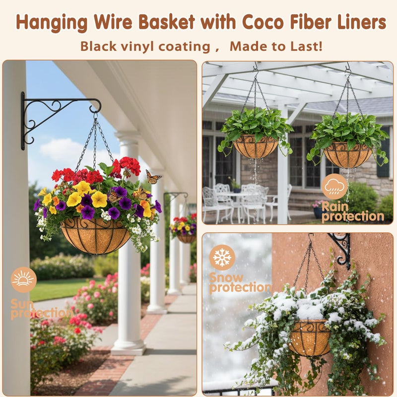 JFFLYIT 14 inch Metal Hanging Baskets For Plants Outdoor 4 Pack Round Metal Wire Hanging Basket Planter with Coco Fiber Liners Chain Round Wire Plant Holder for Garden, Patio, Deck, Porch Plants Flower Potss - Image 3