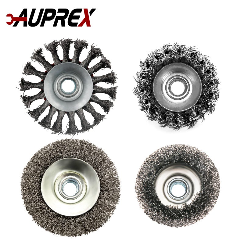 AUPREX 4 Pack Wire Wheel Brush Set for Angle Grinders, 4 & 3 Inch, 5/8'-11 Thread Arbor, Twist Knotted Coarse Crimped Wire Brushes - Image 3