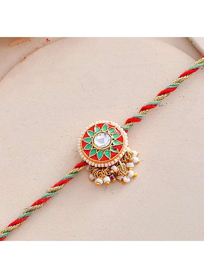 VOYLLA Faux Kundan And White Pearls Thread Rakhi For Brother