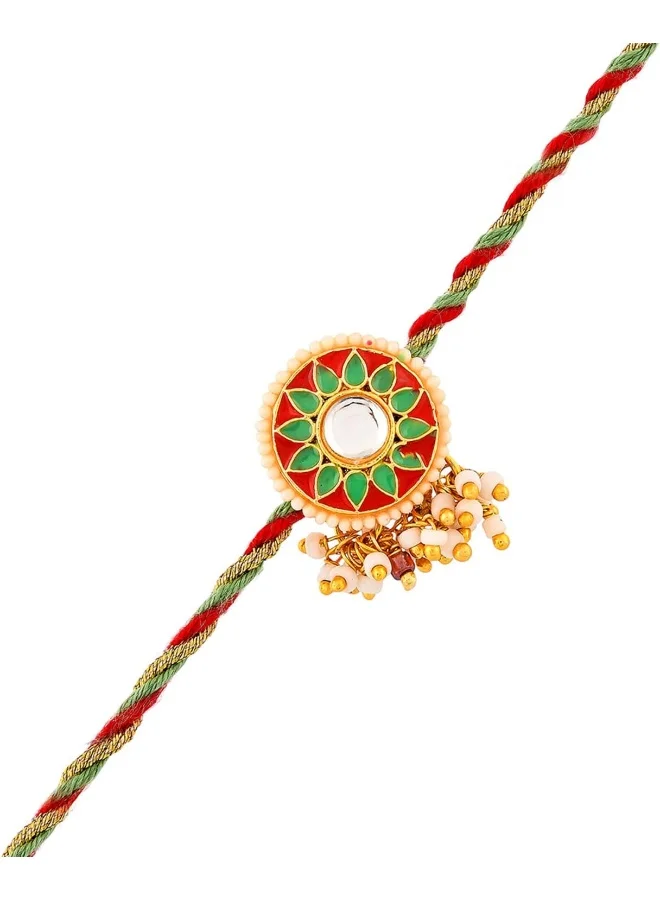 VOYLLA Faux Kundan And White Pearls Thread Rakhi For Brother
