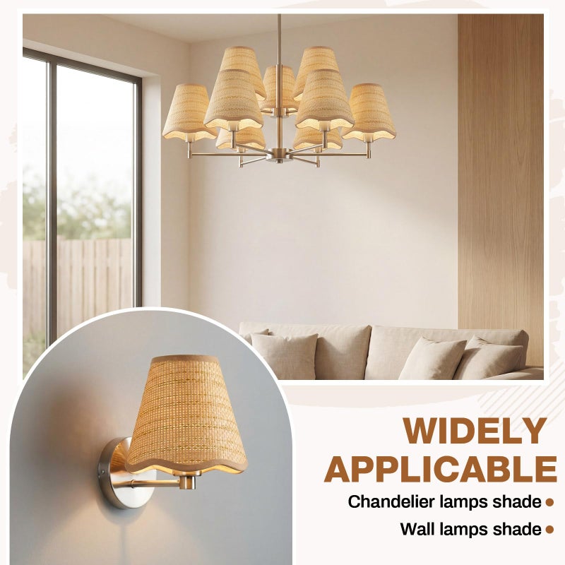 Glooglitter Small Clip-on Chandelier Rattan Lamps Set Shade Scalloped Lampshade 3"top x 6"bottom x 5-1/4"slant Height Empire Lamp Shade Chandelier or Accent Lamp(Woven,Boho,2 Pcs) - Image 3