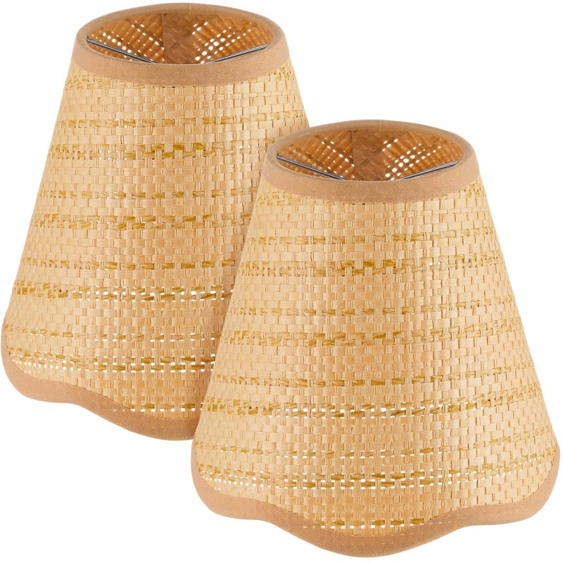 Glooglitter Small Clip-on Chandelier Rattan Lamps Set Shade Scalloped Lampshade 3"top x 6"bottom x 5-1/4"slant Height Empire Lamp Shade Chandelier or Accent Lamp(Woven,Boho,2 Pcs) - Image 1