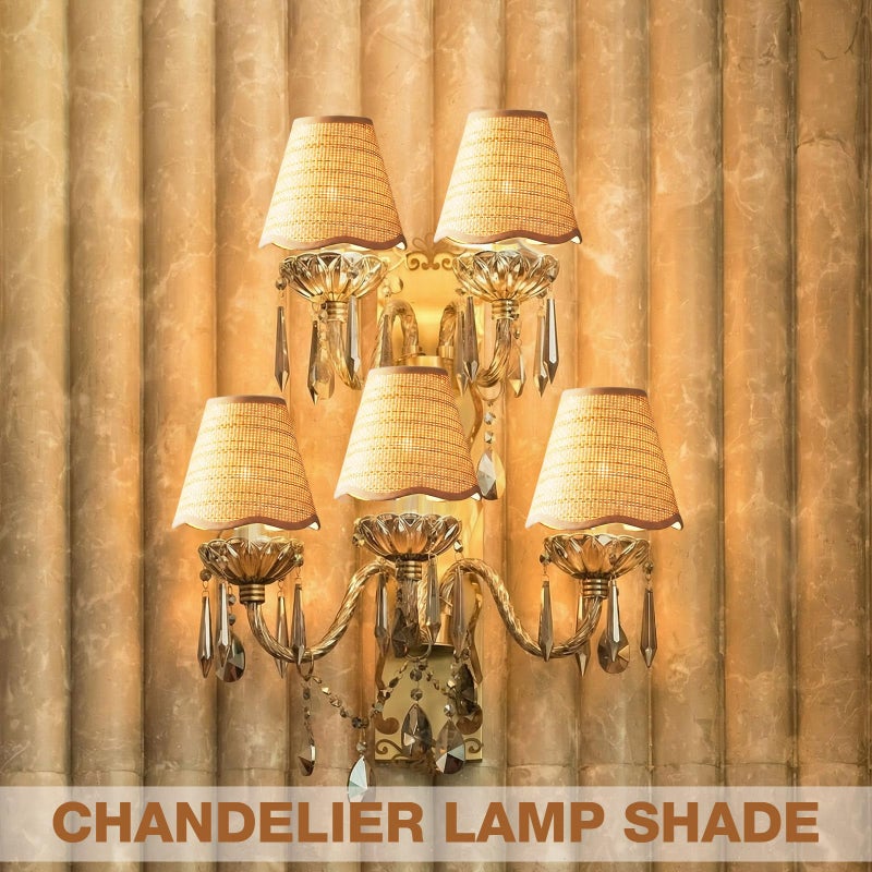 Glooglitter Small Clip-on Chandelier Rattan Lamps Set Shade Scalloped Lampshade 3"top x 6"bottom x 5-1/4"slant Height Empire Lamp Shade Chandelier or Accent Lamp(Woven,Boho,2 Pcs) - Image 5