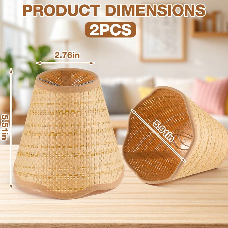 Glooglitter Small Clip-on Chandelier Rattan Lamps Set Shade Scalloped Lampshade 3"top x 6"bottom x 5-1/4"slant Height Empire Lamp Shade Chandelier or Accent Lamp(Woven,Boho,2 Pcs) - Image 2