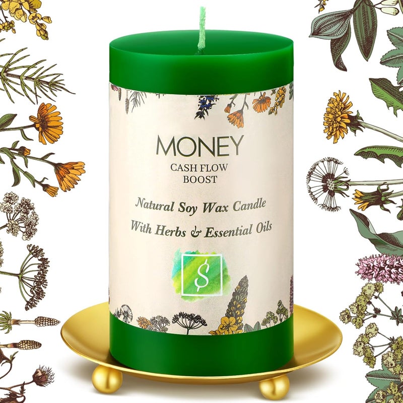 MTLEE 6'' Money Candle Financial Freedom Aromatherapy Candle with Gold Trays Holder Money Scented Green Pillar Decoration for Home Wealth Abundance Prosperity