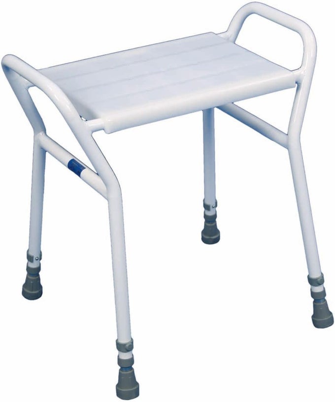 HEIGHT ADJUSTABLE SHOWER AND BATH STOOL WITH ANTI SLIP FEET EASY CLEAN SURFACE AND HAND GRIP TO AID STABILITY FOR USERS WHO ARE ELDERLY DISABLED PREGNANT OR UNSTEADY ON THEIR FEET