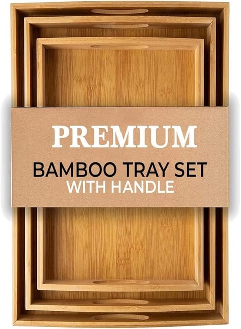 AWH Bamboo Tray - 3 Pack Wooden Serving Tray With Handles - Rectangular Tray Large, Small, Medium - Breakfast Wooden Tray For Food, Kitchen, Outdoors, Restaurants