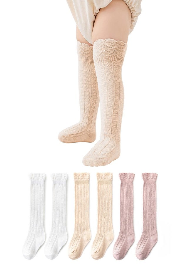 Zando Baby Girl Socks 6-12 Months Toddler Knee High Ruffle Socks for Girls Preemie Infant Newborn Baby Thigh High Stockings Toddler Stockings White*2/Pink*2/Beige*2 - Image 1