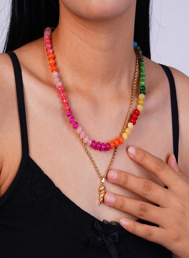 LALAPPLE Colorful Beaded Gemstone Necklace for Women, Boho Rainbow Bead Choker with Natural Stone Crystal Beads, Handmade Summer Beach Necklace Jewelry, 17.5 inches, Stone, natural stone - Image 3