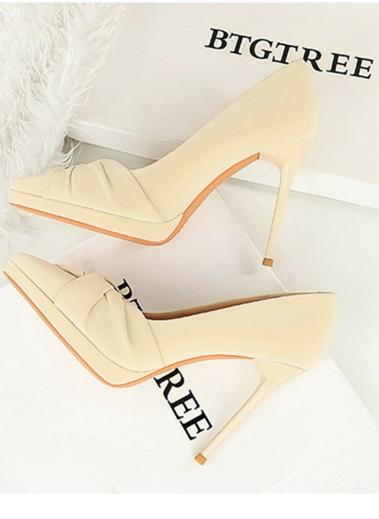 BIGTREE Women's Elegant Closed Pointed Toe High Heels Party Stiletto Pumps Cream White 10.5CM  - Image 3