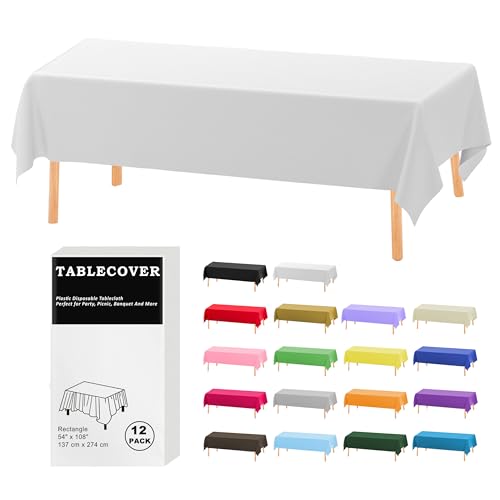 DZ Plastic Table Cloth Disposable 12 Pack White Rectangle Tablecloth Individually Wrapped for IndoorOutdoor 54 x 108 Inch Table Cover for Party Picnic Birthday Wedding  Dinner