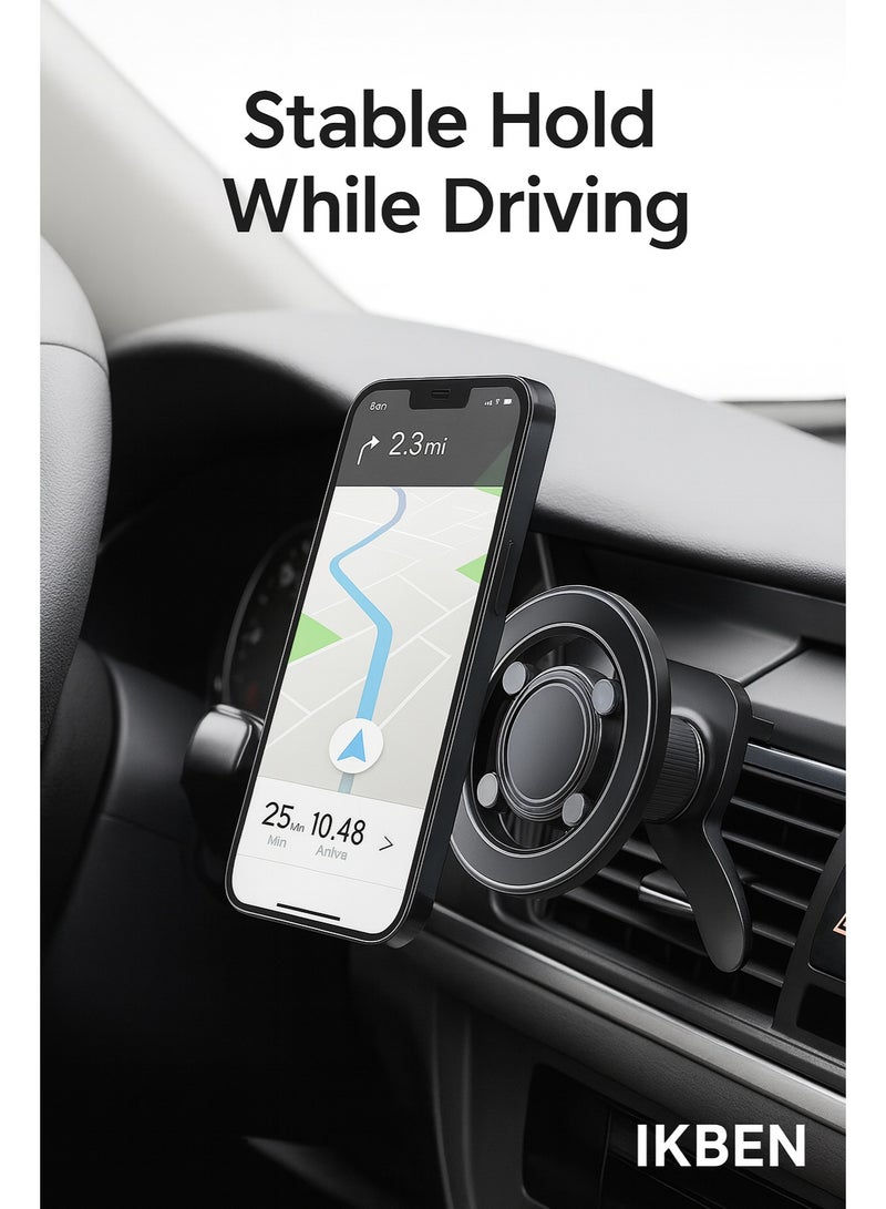 IKBEN Magnetic Car Phone Holder for Air Vent, Metal Hook Clip, 17pcs N52 Strong Magnets, One-Hand Operation, 360° Rotation, MagSafe Compatible with iPhone 15/16 Samsung S24, Includes 2 Magnetic Rings - Image 2