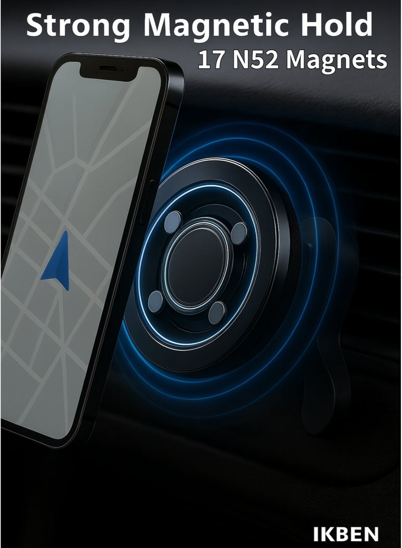 IKBEN Magnetic Car Phone Holder for Air Vent, Metal Hook Clip, 17pcs N52 Strong Magnets, One-Hand Operation, 360° Rotation, MagSafe Compatible with iPhone 15/16 Samsung S24, Includes 2 Magnetic Rings - Image 3