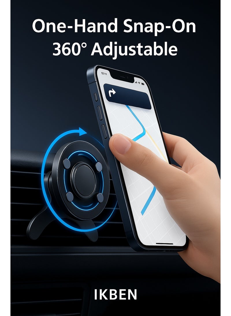 IKBEN Magnetic Car Phone Holder for Air Vent, Metal Hook Clip, 17pcs N52 Strong Magnets, One-Hand Operation, 360° Rotation, MagSafe Compatible with iPhone 15/16 Samsung S24, Includes 2 Magnetic Rings - Image 4