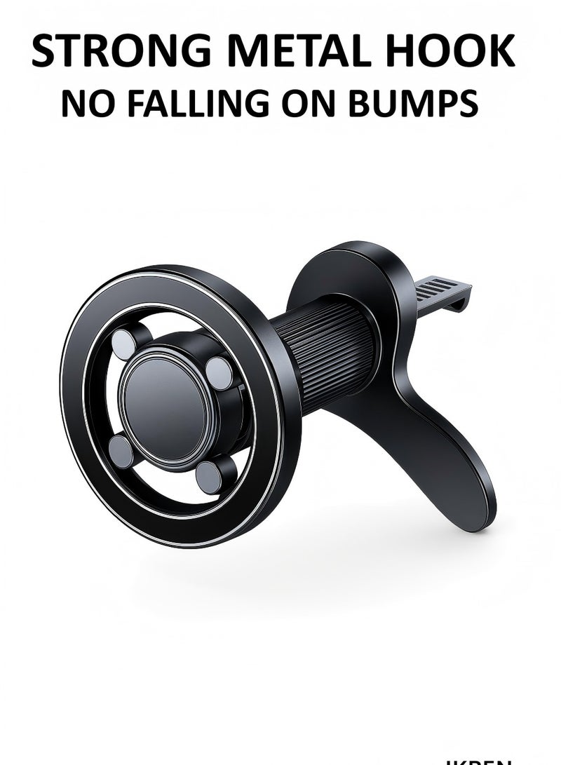 IKBEN Magnetic Car Phone Holder for Air Vent, Metal Hook Clip, 17pcs N52 Strong Magnets, One-Hand Operation, 360° Rotation, MagSafe Compatible with iPhone 15/16 Samsung S24, Includes 2 Magnetic Rings - Image 1