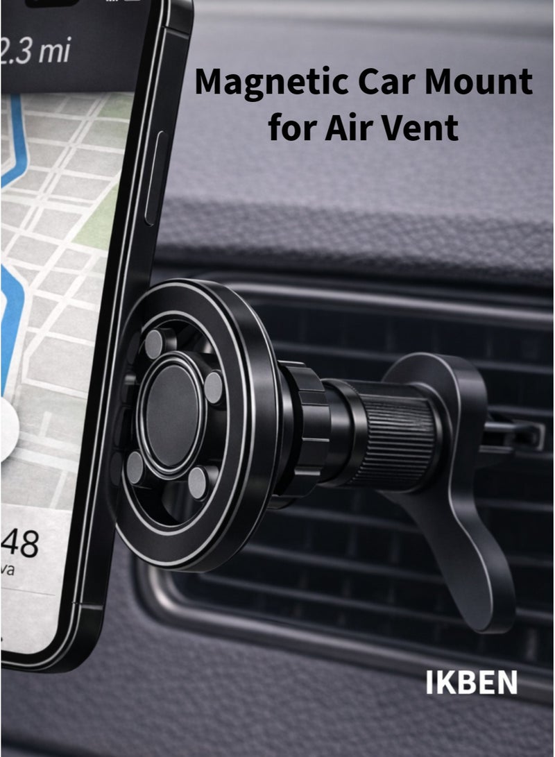 IKBEN Magnetic Car Phone Holder for Air Vent, MagSafe Car Mount with Metal Hook Lock, Strong N52 Magnets, 360° Rotation, One-Hand Use, 2 Metal Rings Included - Image 1