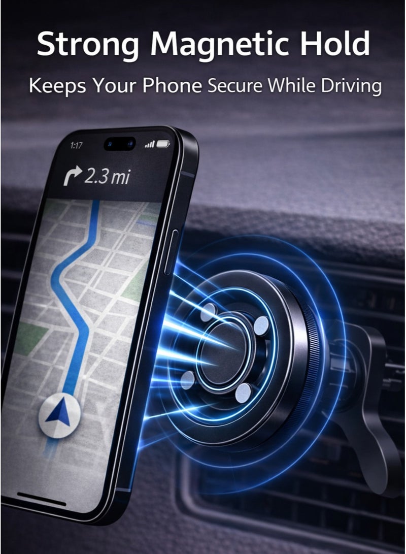 IKBEN Magnetic Car Phone Holder for Air Vent, MagSafe Car Mount with Metal Hook Lock, Strong N52 Magnets, 360° Rotation, One-Hand Use, 2 Metal Rings Included - Image 3