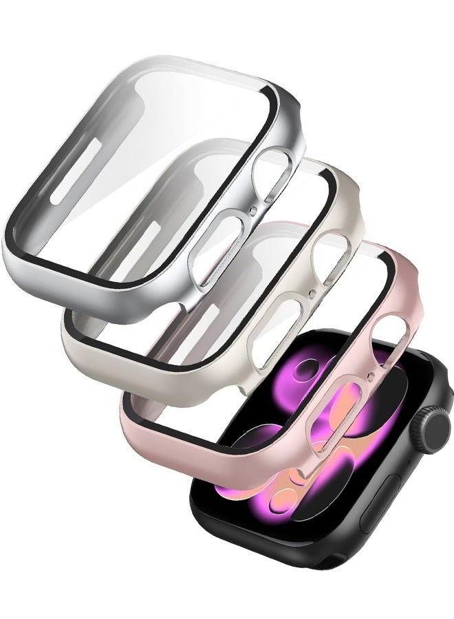 Tersely (3 Pack) Case Compatible with Apple Watch Series 11/10-42mm, Built-in Thin HD Tempered Glass Screen Protector Overall Cover Replacement for iwatch S11/S10 2024 2025- Rose Gold+Starlight+Silver - Image 1