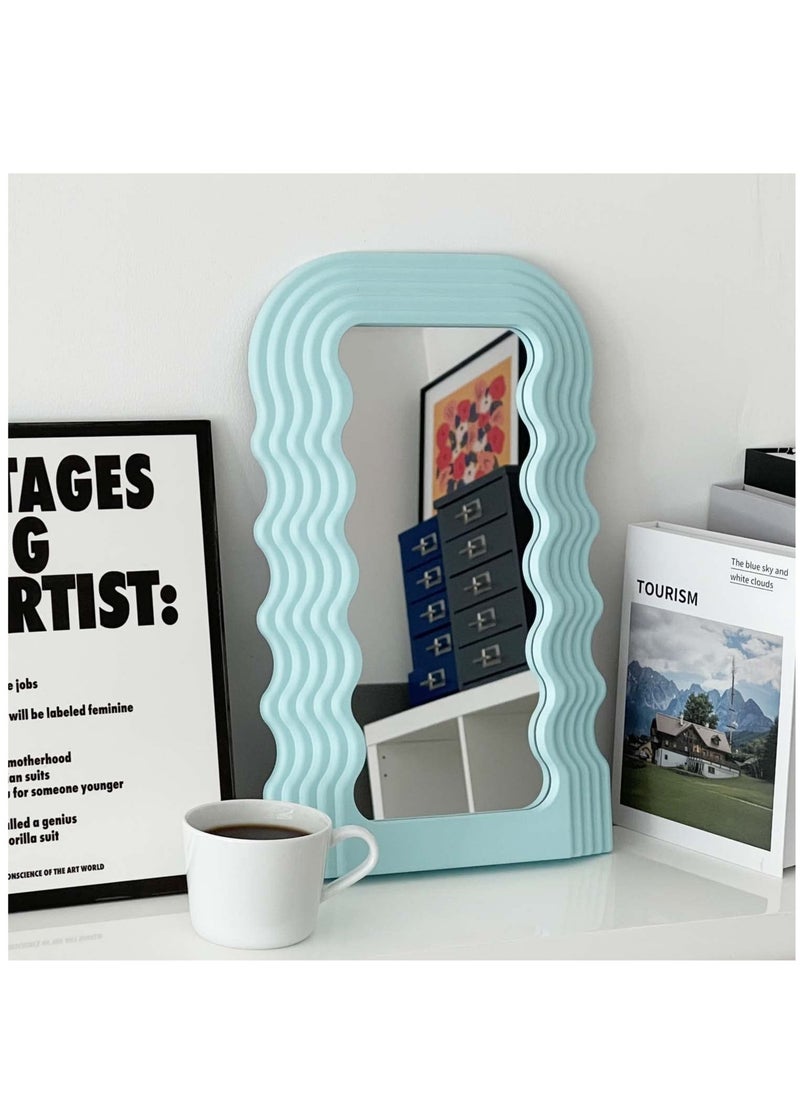 Bluejw Aesthetic Wave Pattern Irregular Frame Mirror, Decorative Desk Wall Mirror for Living Room Bedroom Hallway Home Decor (Blue)  - Image 1