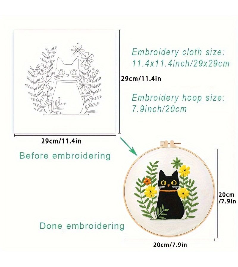 1pc Small Fish Embroidery Kit 20x20cm 7.9x7.9inches Fish Cat And Plant Pattern Needle Craft Handmade DIY Art For Adult Beginners With Instructions Embroidery Hoop Thread And Needles - Image 2