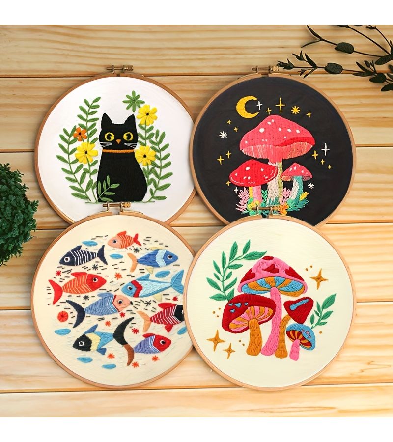 1pc Small Fish Embroidery Kit 20x20cm 7.9x7.9inches Fish Cat And Plant Pattern Needle Craft Handmade DIY Art For Adult Beginners With Instructions Embroidery Hoop Thread And Needles - Image 1