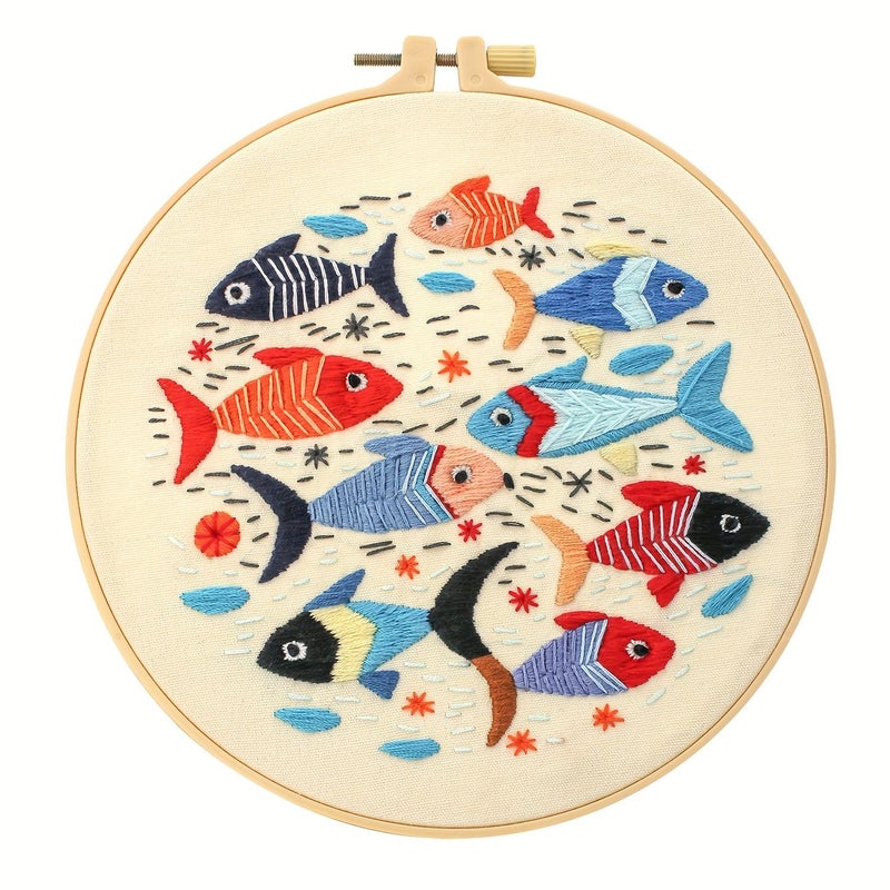 1pc Small Fish Embroidery Kit 20x20cm 7.9x7.9inches Fish Cat And Plant Pattern Needle Craft Handmade DIY Art For Adult Beginners With Instructions Embroidery Hoop Thread And Needles - Image 5
