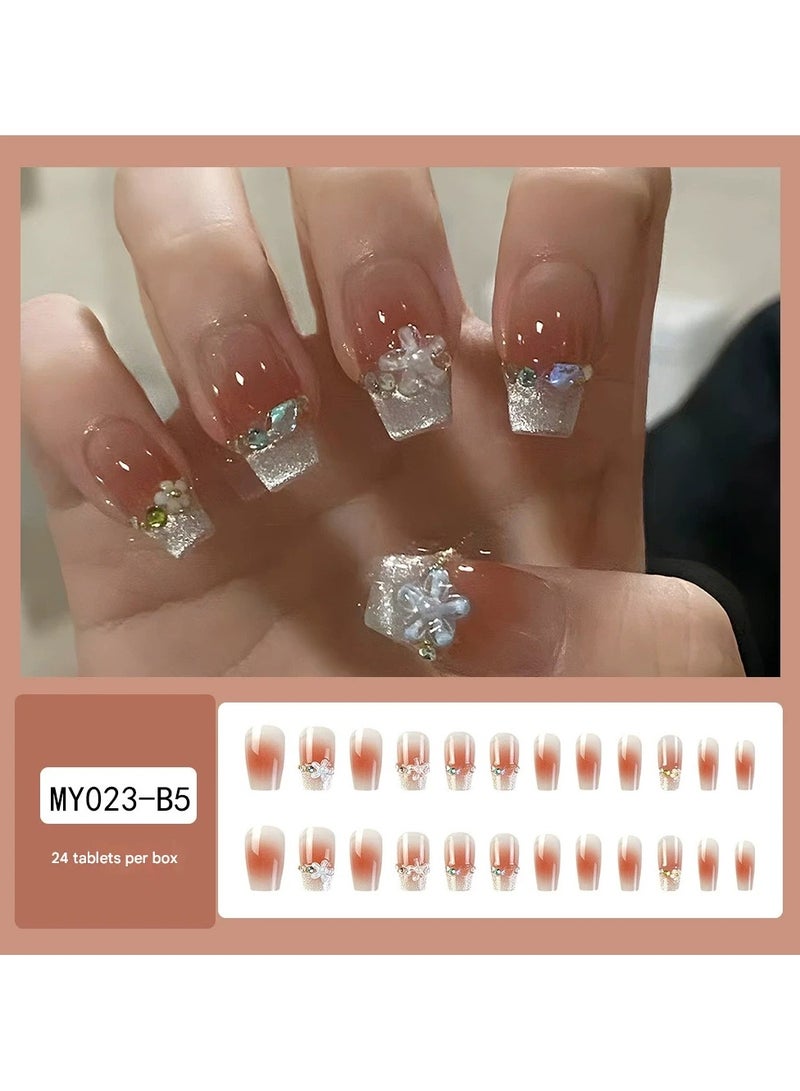 Goolsky Cat Eye Jelly Press On Nails – Blush Pink Crystal Flower Tips Handmade Gel Fake Nails, Sweet Style - Image 1